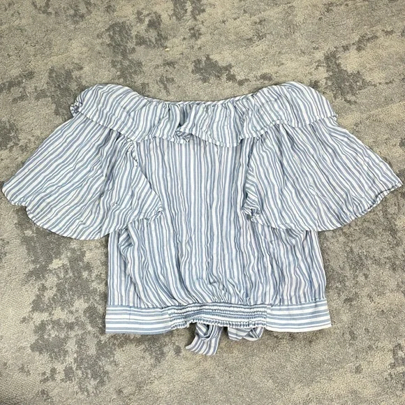 Free People The Rosemary Top Tie Waist Blouse Flutter Ruffle Blue Stripe Sz L - Picture 6 of 12